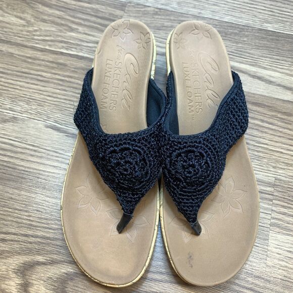 Skechers Luxe Foam Women's Size 11 Black Crochet Slip On Slide Wedge Sandals - Picture 6 of 9